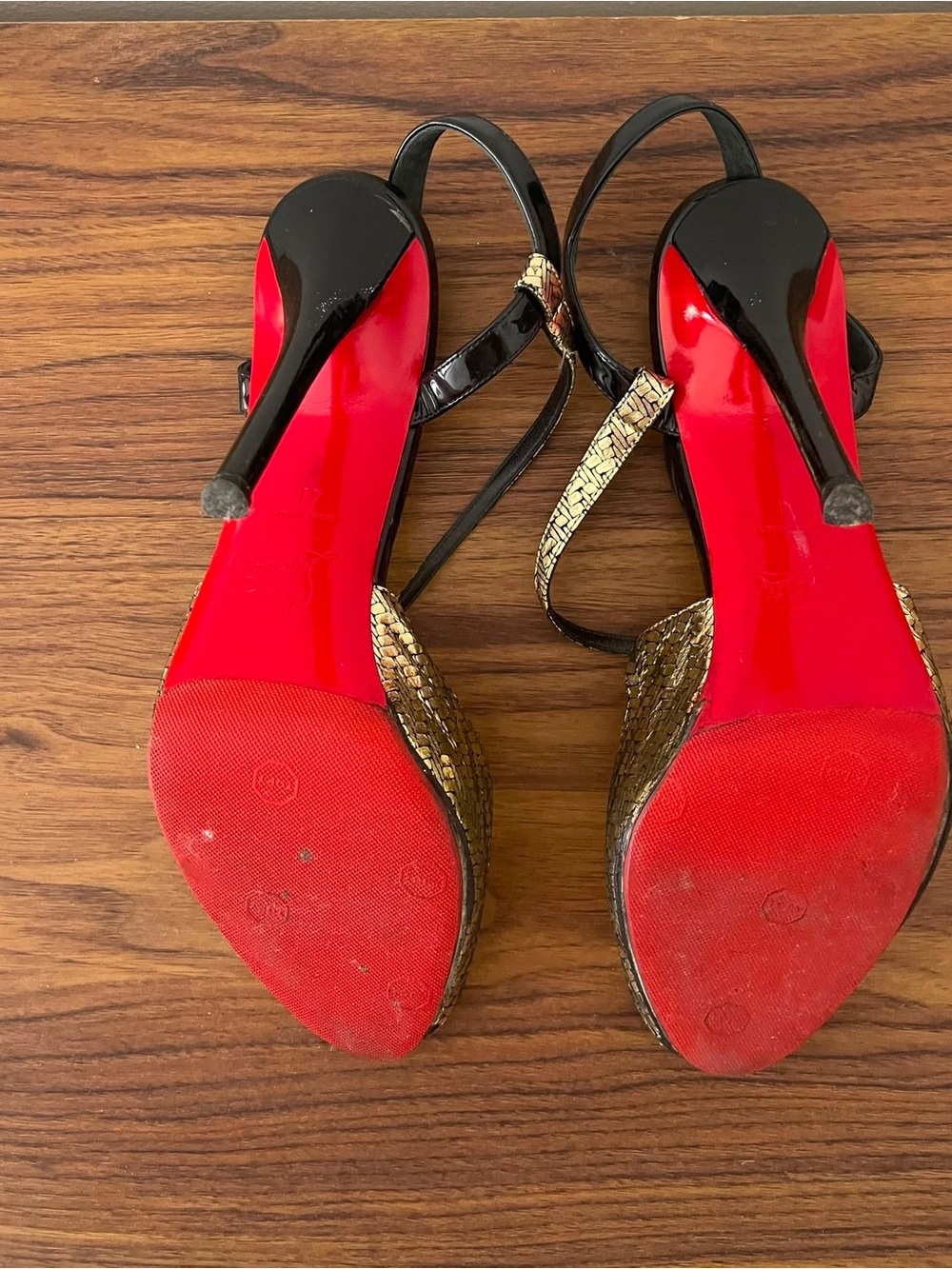 Christian Louboutin Gold and Black Strappy Peep-Toe Sandals - Picture 7 of 7